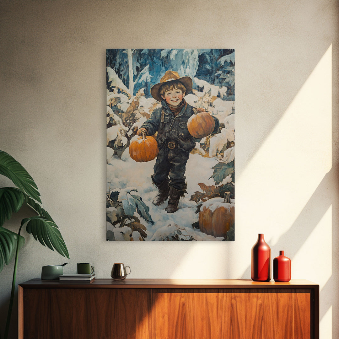 Cowboy Christmas Decor Framed Canvas Print with Pumpkin in Snow, Rustic Holiday Home Wall Art and Seasonal Gift Idea 2024