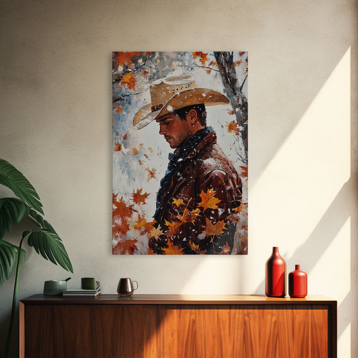 Rustic Cowboy Holiday Art Framed Canvas Print with Falling Leaves, Perfect Autumn Decor and Seasonal Gift Idea 2024