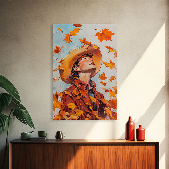 Cowboy Fall Decor Canvas Print with Windblown Leaves, Rustic Farmhouse Autumn Holiday Wall Art Seasonal Gift Idea 2024