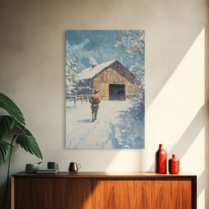 Cowboy Walking in Snow Scene Framed Canvas Print - Moody Landscape Art for Winter Home Decor 2024 Rustic Winter Wall Art