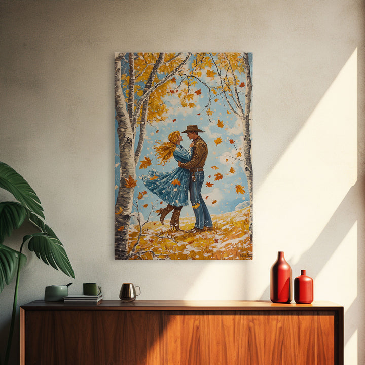 Romantic Fall Couple Framed Canvas Print - 2024 Autumn Love Country Cowboy Art Gift Idea for Fall Home Decor