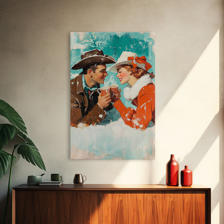 Cozy Couple Hot Cocoa Framed Canvas Print - Retro Vintage Christmas Art 2024 Christmas Decor Perfect for Holiday Wall Art