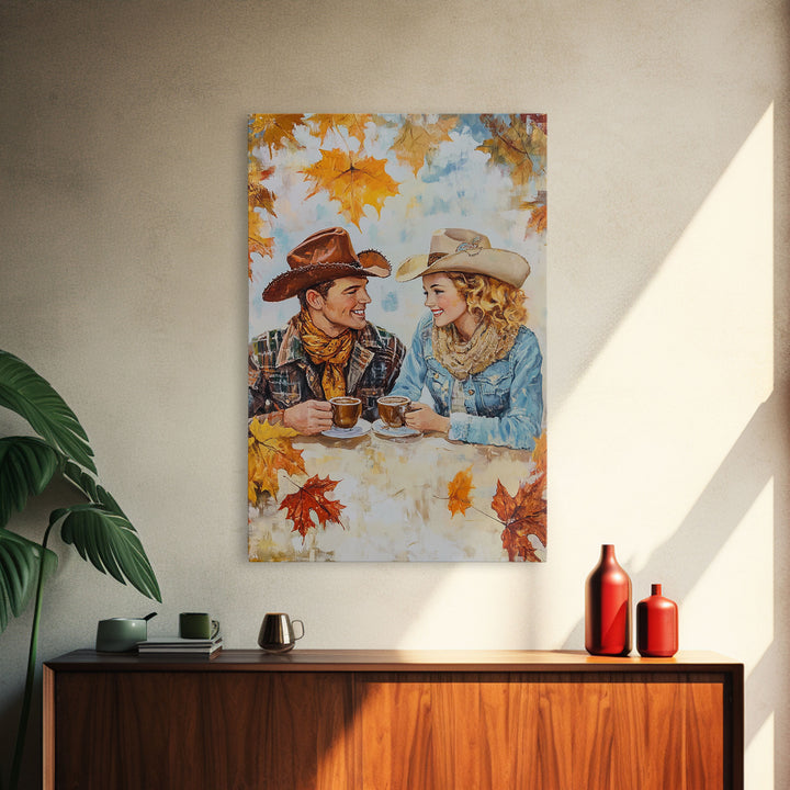 Cowboy and Cowgirl Fall Scene Framed Canvas Print - 2024 Rustic Autumn Love Country Art Gift Idea Fall Wall Decor