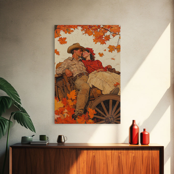 Cozy Fall Couple in Wagon Framed Canvas Print - 2024 Vintage Autumn Love Art Best Gift Idea Fall Farmhouse Wall Decor