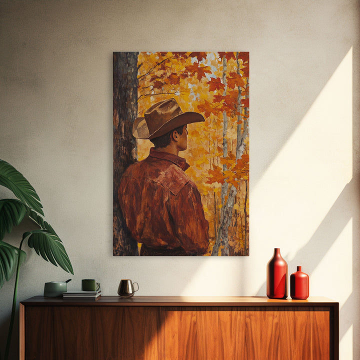 Cowboy in Autumn Forest Framed Canvas Print - Rustic Fall Wall Art Perfect Gift Idea 2024 Country Decor - Moody Landscape Art