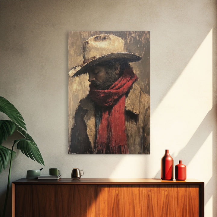 Moody Cowboy with Red Scarf Framed Canvas Print - Rustic Winter Landscape Art Best Gift Idea 2024 Christmas Wall Art
