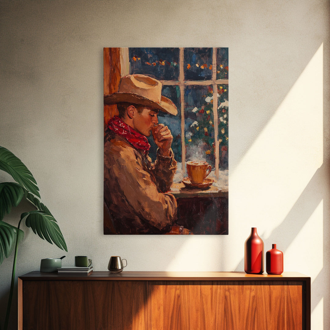 Cowboy in Snow with Coffee Framed Canvas Print - Winter Country Scene Art 2024 Cozy Christmas Wall Decor and Gift Idea