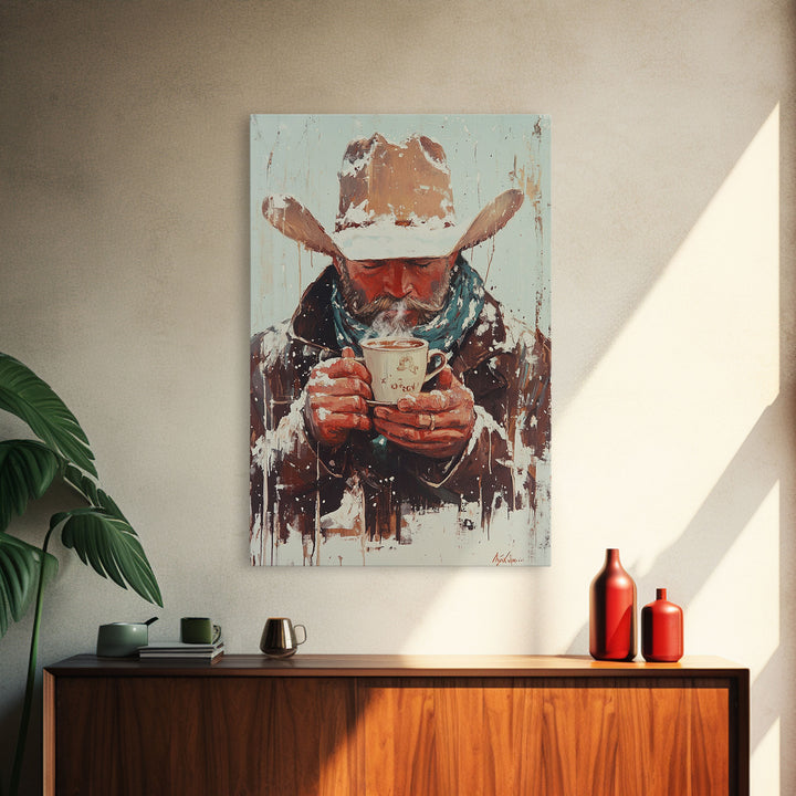 Cowboy Riding Horse in Winter Forest Framed Canvas Print - Moody Winter Landscape Art Perfect 2024 Christmas Home Decor