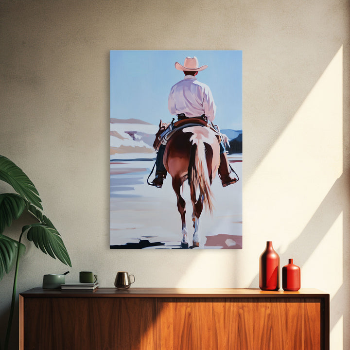 Cowboy Riding Horse Autumn Path with Fall Leaves Framed Canvas Print Vintage Christmas Wall Art Winter Landscape Christmas Decor Gift Idea