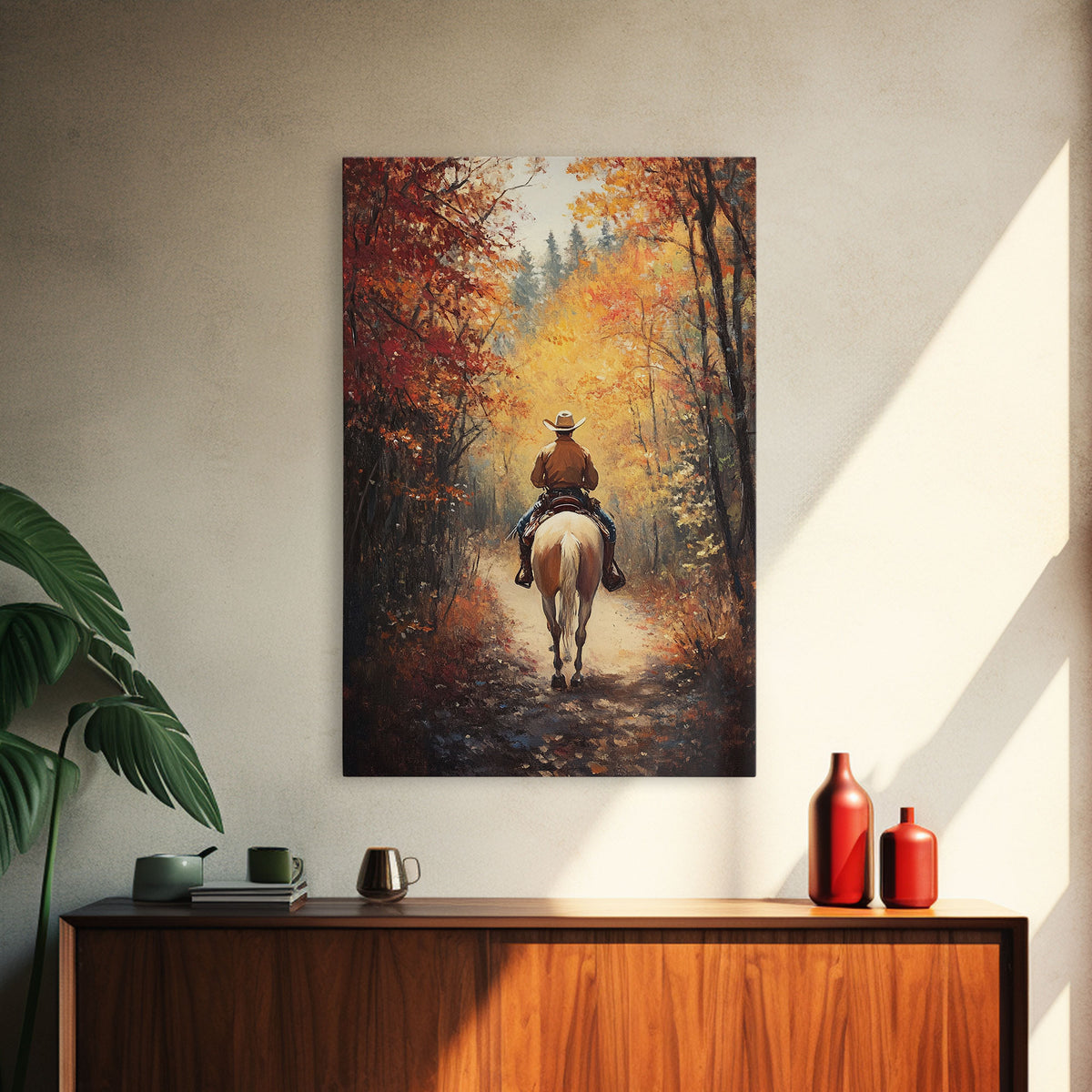 Cowboy Rider in Vibrant Autumn Forest Canvas Print Fall Season Wall Art Gallery Wall Christmas Wall Decor Vintage Cowboy Art Gift Idea