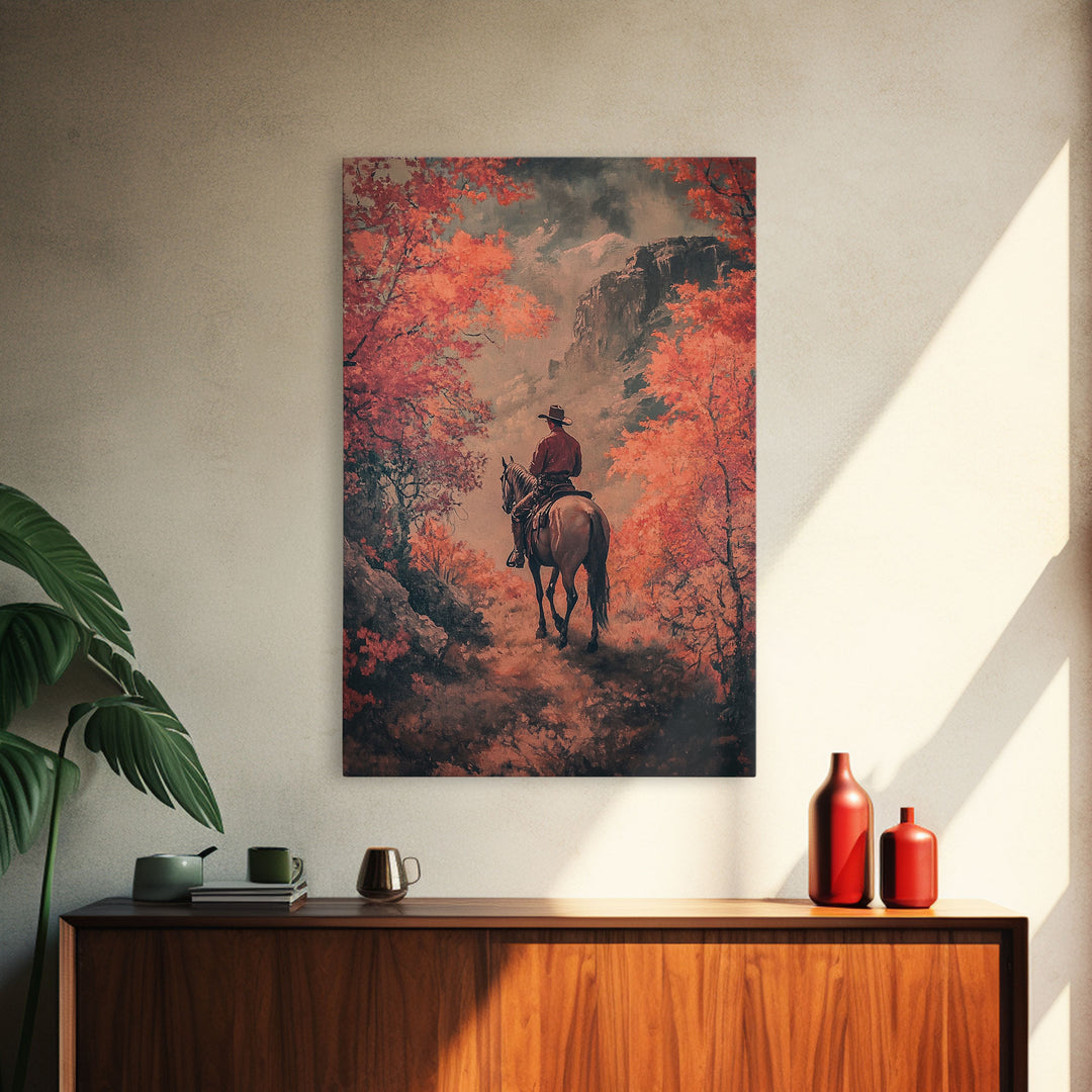 Cowboy in Forested Autumn Trail Framed Canvas Print Vintage Christmas Wall Decor Autumn Landscape Christmas Art Print Country Christmas
