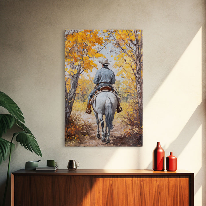 Lone Cowboy Riding Through Red Autumn Trees Framed Canvas Print Vintage Christmas Wall Art Fall Decor Winter Wonderland Seasonal Wall Art