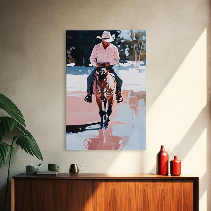 Cowboy Riding Through Snowy Winter Woods Framed Canvas Print Vintage Christmas Wall Art Winter Landscape Decor Landscape Christmas Decor