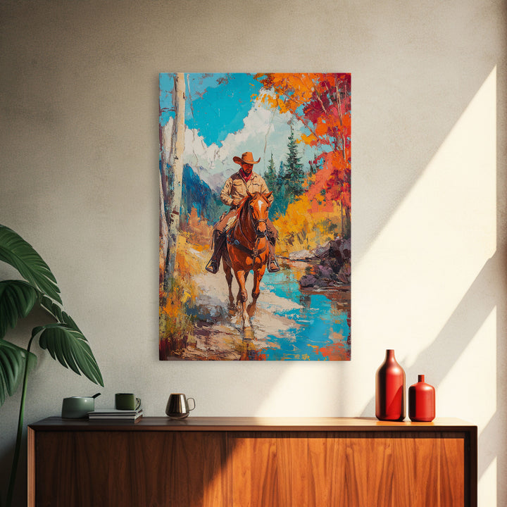 Cowboy in Snowy Landscape Canvas Print Christmas Wall Art Winter Wonderland Christmas Decor Vintage Western Christmas Gift Seasonal Wall Art