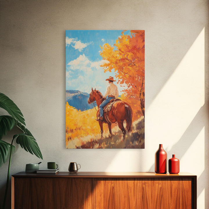 Cowboy in Colorful Autumn Trail Framed Canvas Print Country Christmas Decor Fall Wall Art Vintage Christmas Decor Gift Idea Gallery Wall Art