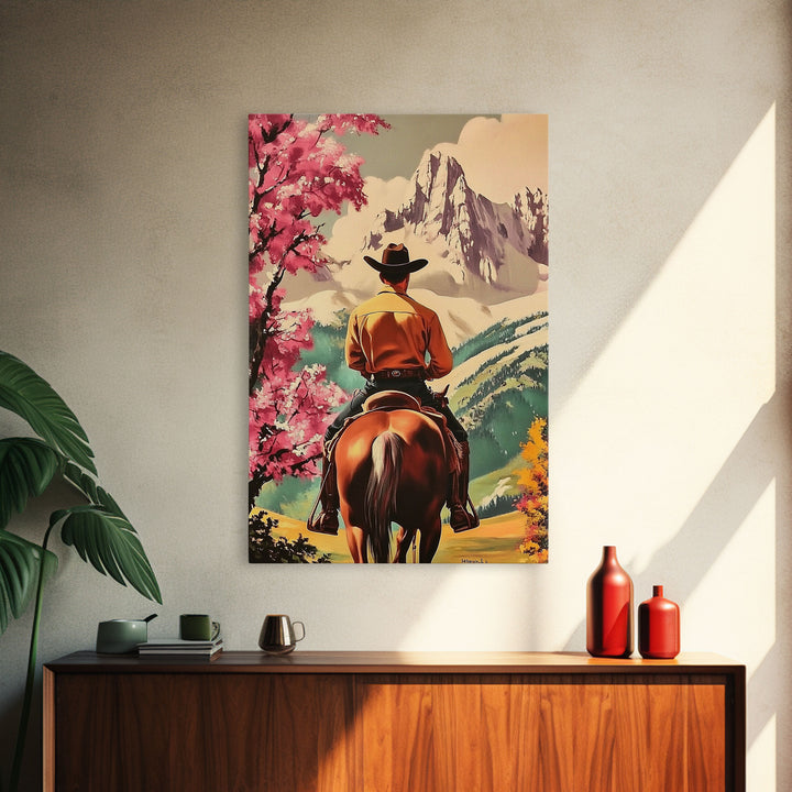 Cowboy Rider in Autumn Field with Mountains Framed Canvas Print Fall Landscape Wall Art Christmas Wall Decor Vintage Christmas Gift Idea