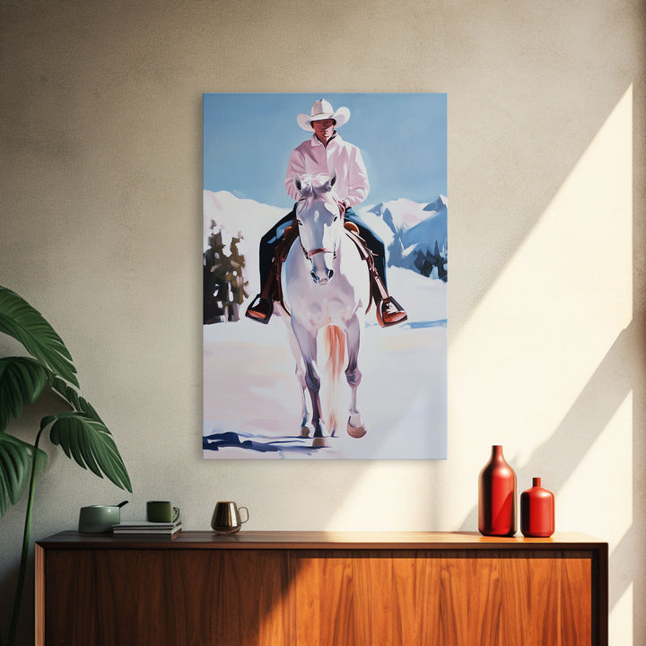 Lone Cowboy on White Horse in Snowy Landscape Canvas Print Winter Christmas Art Seasonal Wall Art Vintage Christmas Moody Landscape Gift