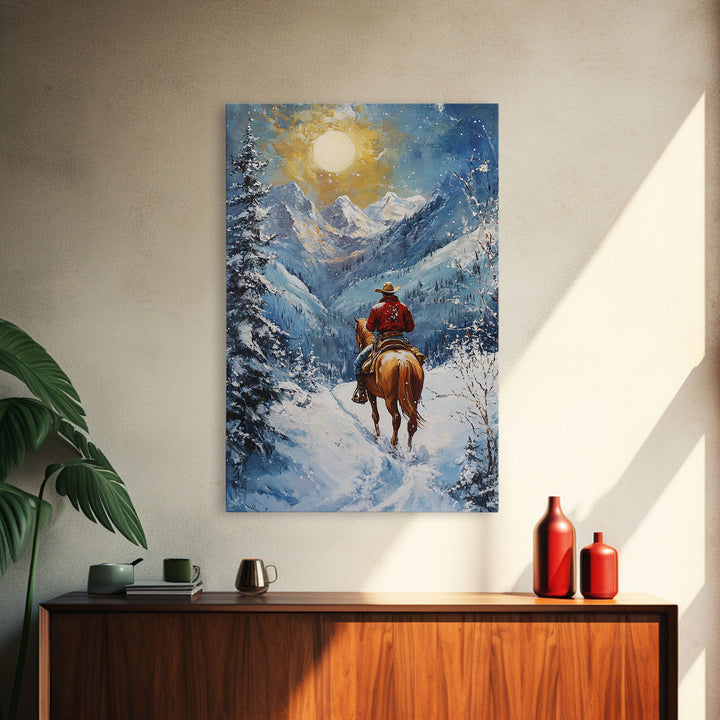 Cowboy in Winter Mountain Scene Canvas Print Christmas Wall Art Vintage Christmas Decor Winter Wonderland Gift Idea Seasonal Wall Art