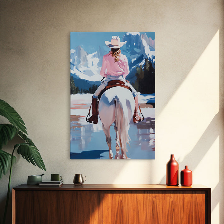 Female Cowboy Riding Through Winter Mountains Framed Canvas Print Christmas Wall Art Winter Wonderland Vintage Christmas Gift Wall Art
