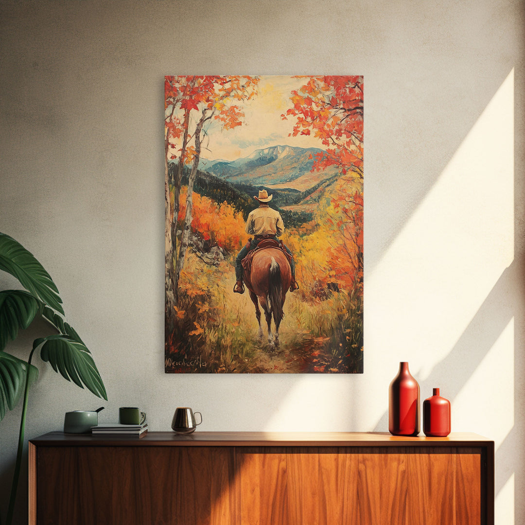 Cowboy in Autumn Landscape Canvas Print Fall Wall Art Vintage Christmas Wall Decor Country Christmas Gift Seasonal Wall Art Fall Decor