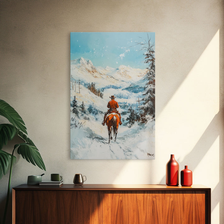 Cowboy Riding Through Snowy Mountains Framed Canvas Print Christmas Wall Art Winter Wonderland Decor Seasonal Wall Art Christmas Gift Idea
