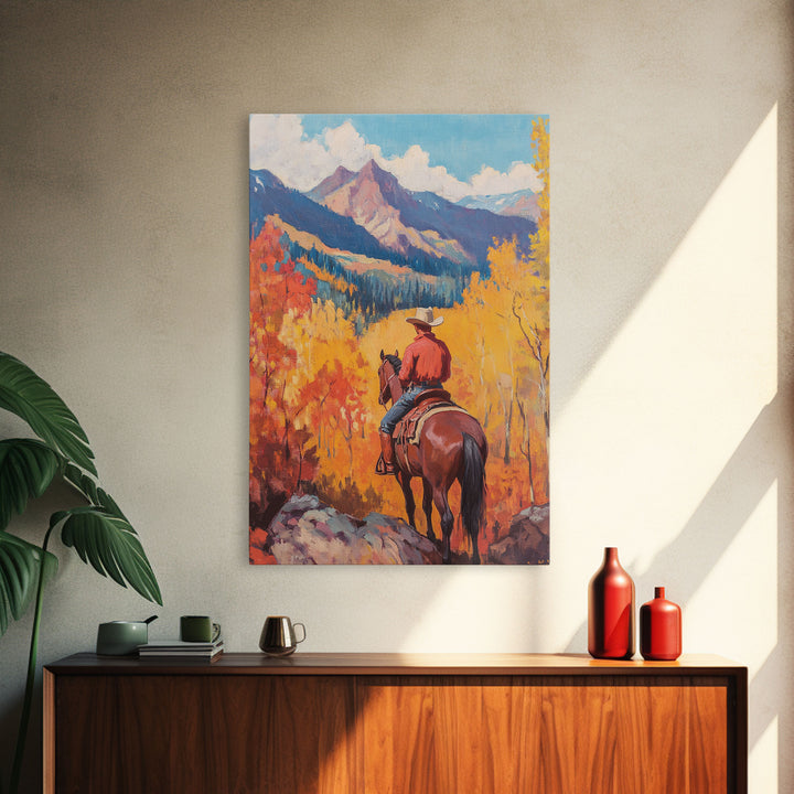 Cowboy in Snowy Mountain Valley Framed Canvas Print Christmas Wall Art Winter Wonderland Vintage Christmas Decor Gift Idea Moody Landscape