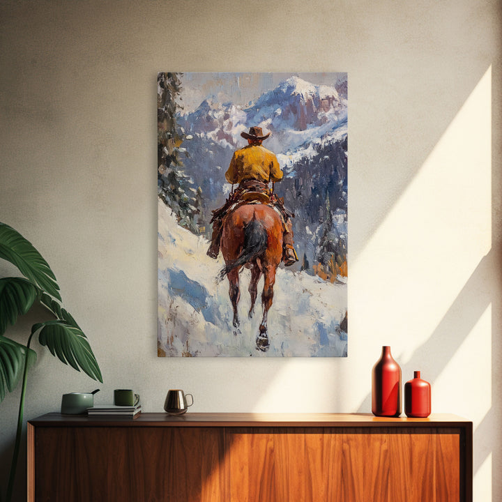 Cowboy on Horseback in Autumn Mountains Canvas Print Fall Wall Art Vintage Christmas Decor Country Christmas Wall Art Gift Idea Seasonal Art
