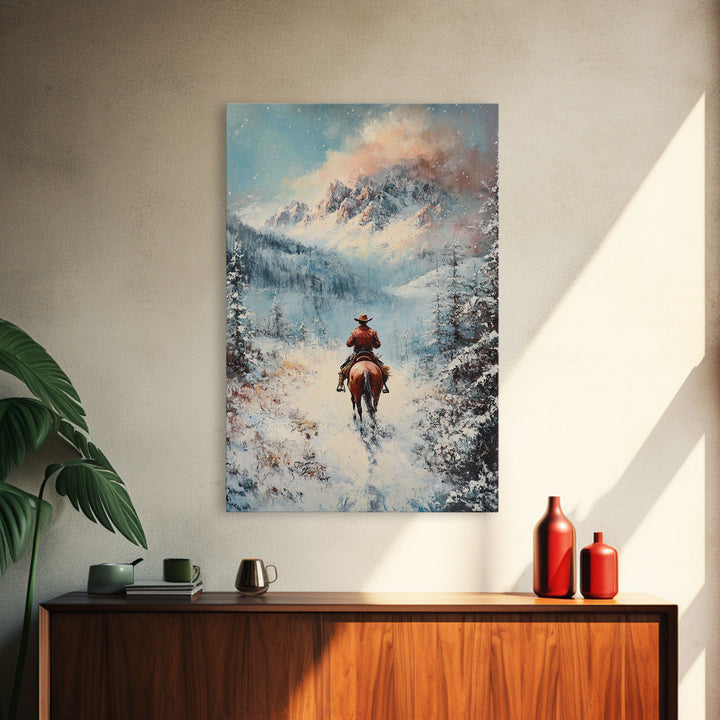 Cowboy in Winter Mountains Framed Canvas Print Christmas Wall Art Winter Wonderland Decor Vintage Christmas Gift Idea Moody Landscape Art
