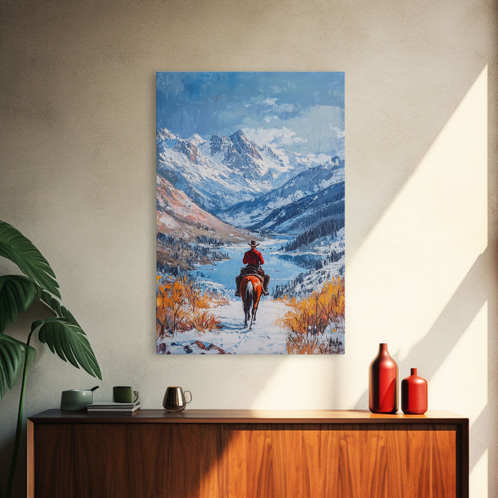 Cowboy in Snowy Mountain Range Canvas Print Winter Wonderland Art Christmas Decor Seasonal Wall Art Vintage Christmas Gift Christmas Decor