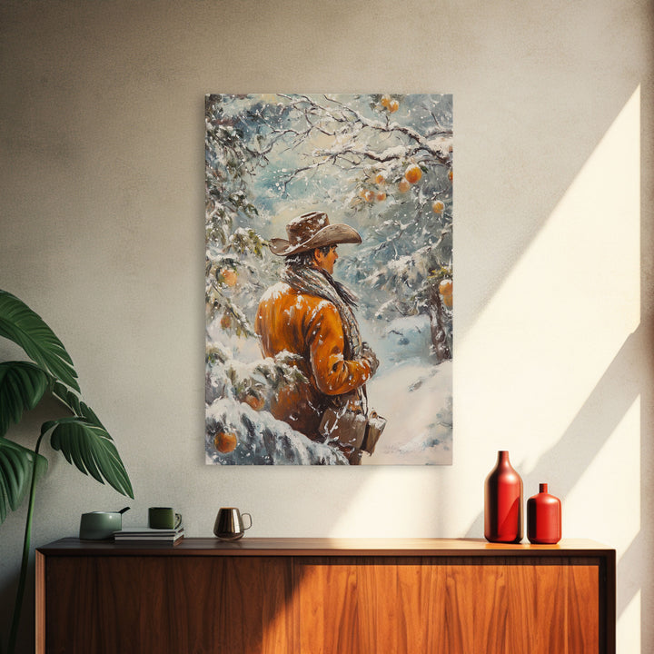 Cowboy in Snowy Orchard Canvas Print with Frosty, Christmas Wall Art Gift, Seasonal Decor, Winter Wonderland, Holiday Decor, Canvas Print