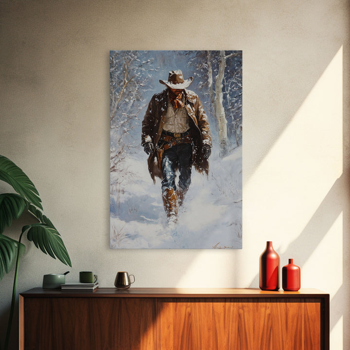 Cowboy Riding Horse in Snowy Forest Canvas Print, Winter Wall Art, Western, Rustic Christmas Wall Art, Seasonal Holiday Decor, Canvas Print