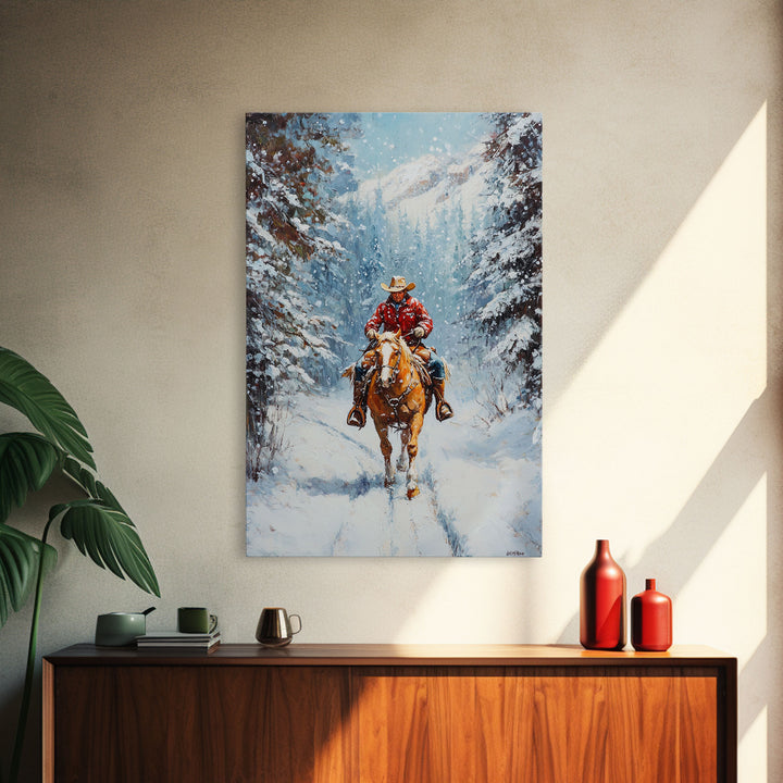 Cowboy Walking Through Snowy Winter Forest Canvas Print, Western Christmas Art Gift, Holiday Wall Decor, Rustic Art, Framed Canvas Print