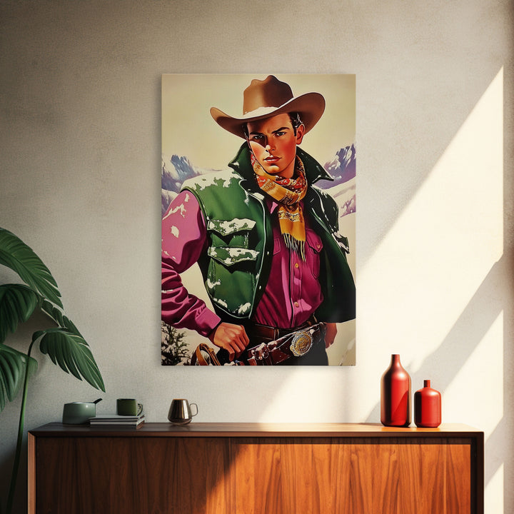 Retro Cowboy in Snowy Mountain Canvas Print, Winter Wall Art, Holiday Decor, Vintage Christmas Art, Rustic Wall Decor, Framed Canvas Print