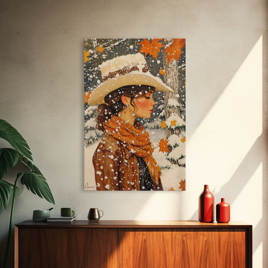 Snowy Cowgirl in Fall Scene Canvas Print, Seasonal Holiday Art, Rustic Christmas Decor, Farmhouse Wall Art, Winter Wonderland Wall Print