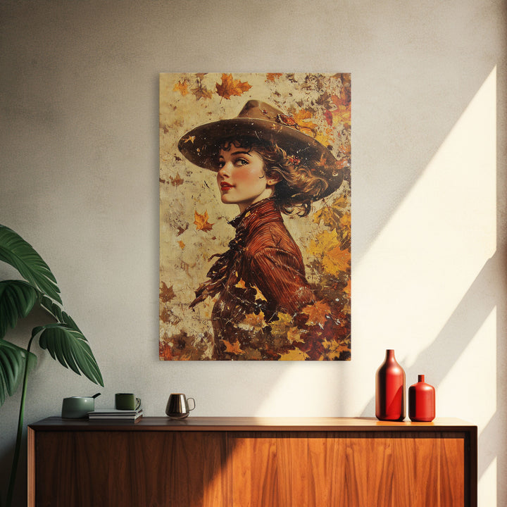 Autumn Cowgirl Portrait Canvas Print, Vintage Fall Wall Art, Farmhouse Decor, Holiday Art, Perfect Home Decor Gift Idea, Framed Canvas Print