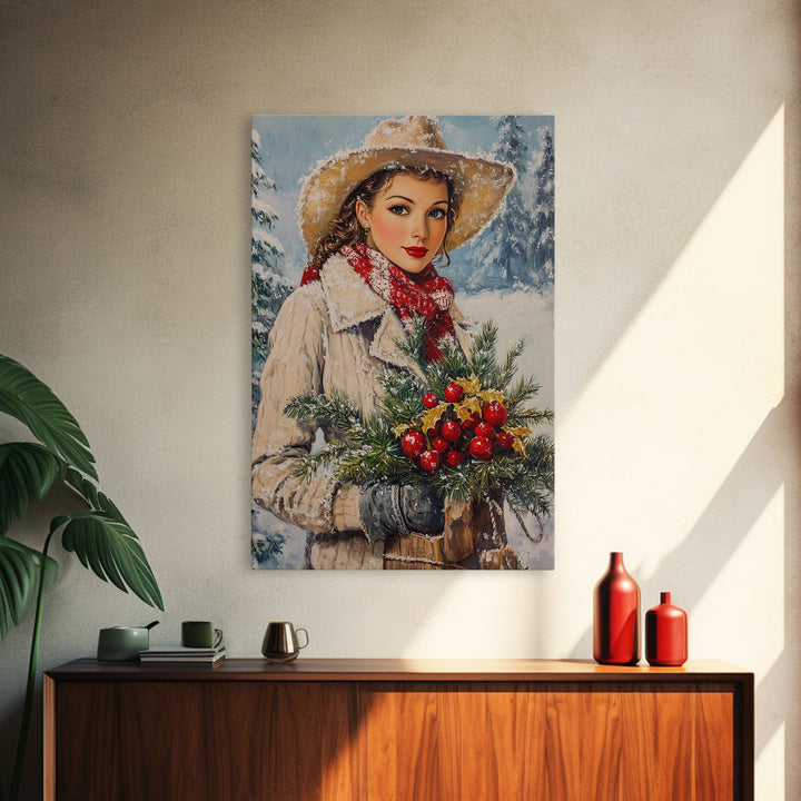 Cozy Christmas framed canvas print woman carrying holiday greenery in snowy winter scene perfect for vintage Christmas home decor