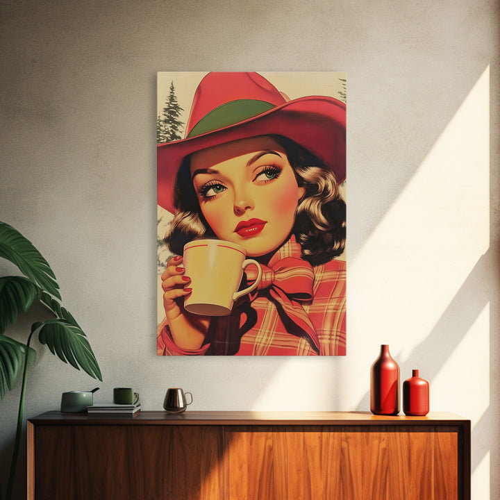 Retro Christmas holiday art framed canvas print a stylish woman with coffee holiday wall art perfect for vintage Christmas home decor