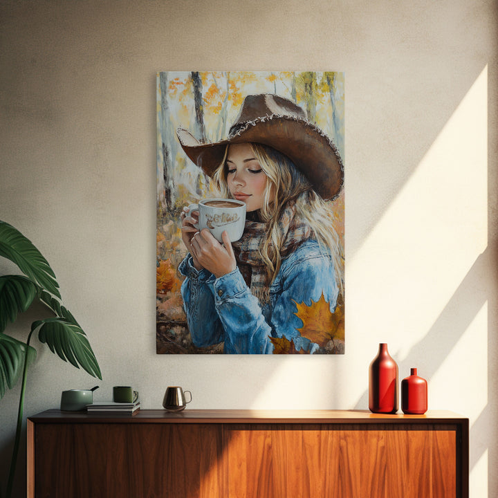 Fall-themed farmhouse framed canvas print a woman with coffee amidst autumn leaves ideal harvest home decor or seasonal wall art gift idea