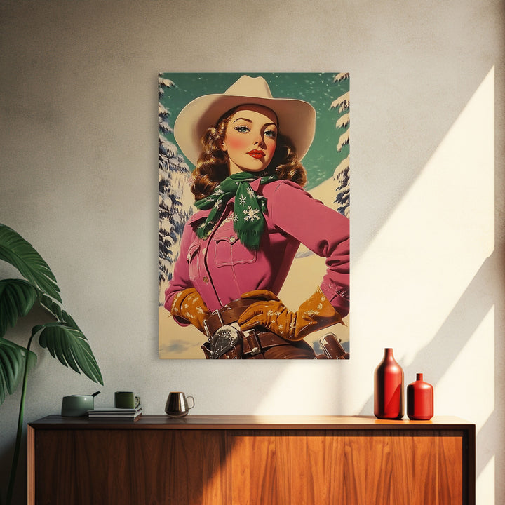 Vintage Christmas framed canvas print stylish winter cowgirl in festive snow perfect retro holiday decor or gift idea for rustic home