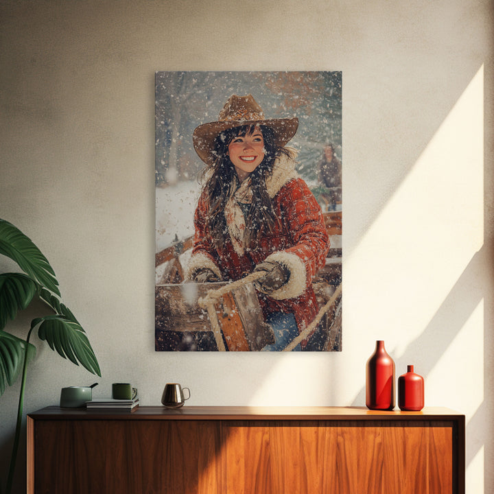 Country Christmas framed canvas print cheerful woman enjoying a snowy ride perfect seasonal wall art or vintage holiday home decor idea