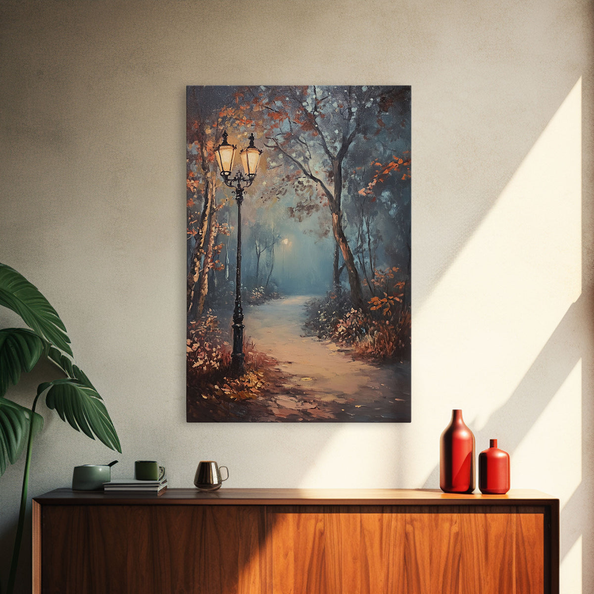Spooky Street Lights In The City Park, Framed Canvas Print, Wood Framed Wall Art, Fall Decor, Holiday Decor, Seasonal Gift Idea
