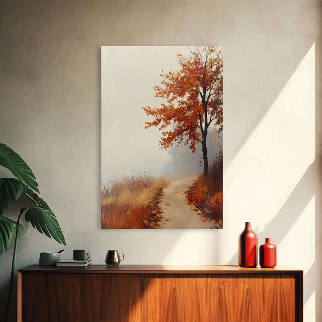 Framed Canvas Print of a Cozy Autumn Path with Trees and Fall Leaves, Rustic Country Decor, Moody Landscape Art, Best Gift Idea, Fall Decor