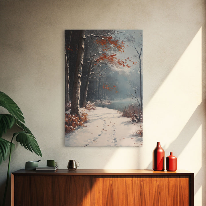 Framed Canvas Print of a Snowy Path with Trees and Red Leaves, Winter Wall Art, Moody Landscape, Best Gift Idea, Modern Christmas Decor