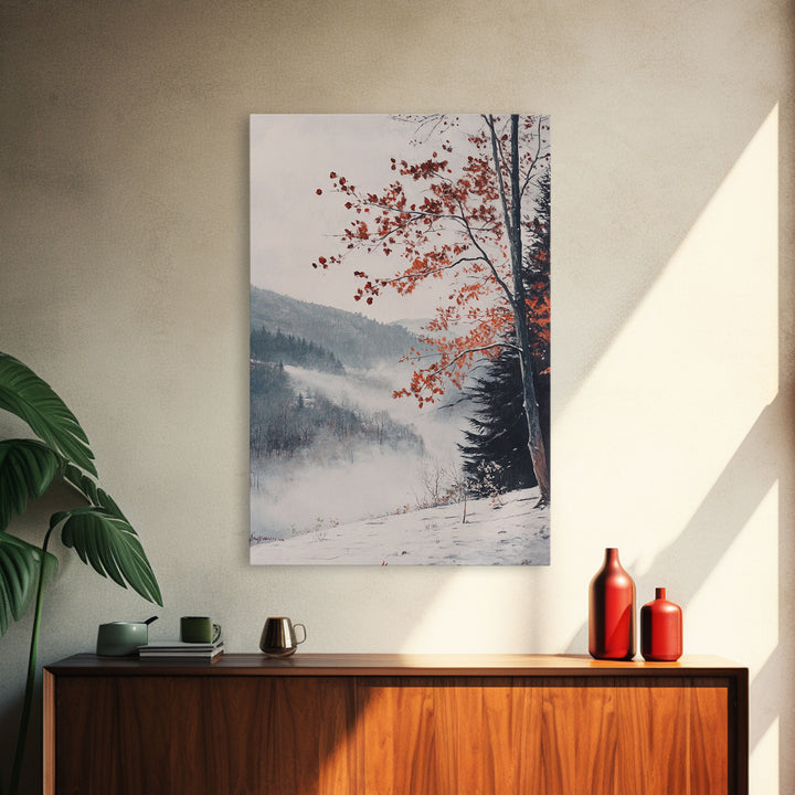 Canvas Print of Snowy Mountain Trees Red Leaves, Winter Wonderland Wall Art, Best Gift Idea, Moody Landscape, Rustic Christmas Decor