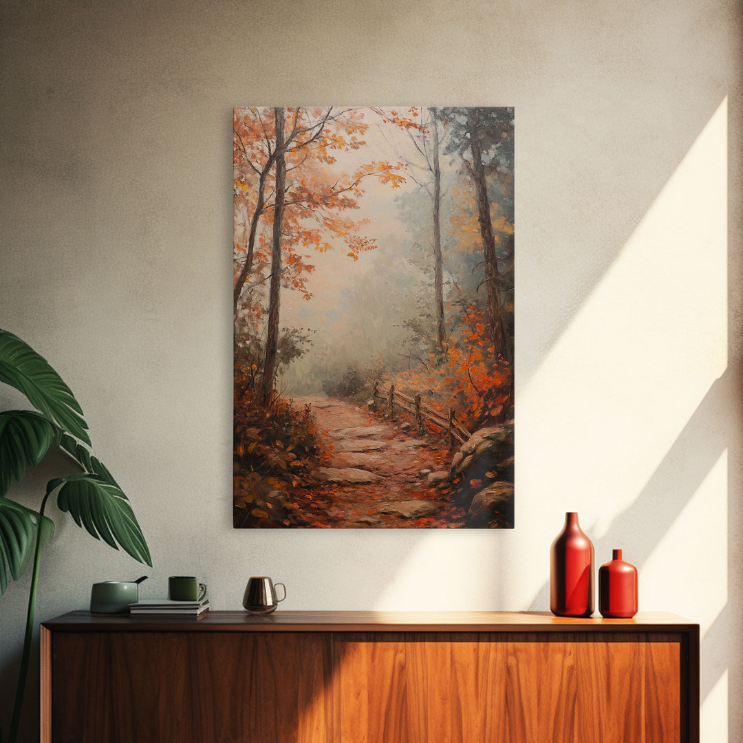 Framed Canvas Print of a Fall Path with Fence and Trees, Autumn Wall Art, Rustic Country Decor, Best Gift Idea, Modern Farmhouse Fall Decor