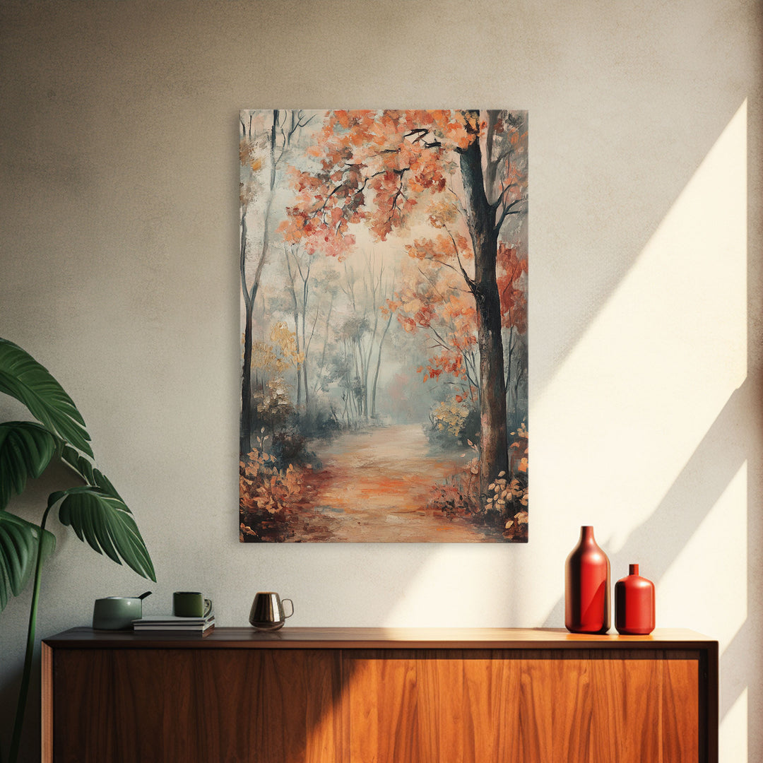 Framed Canvas Print of Foggy Autumn Forest with Red Leaves, Moody Landscape Wall Art, Fall Seasonal Decor, Best Gift Idea, Modern Farmhouse