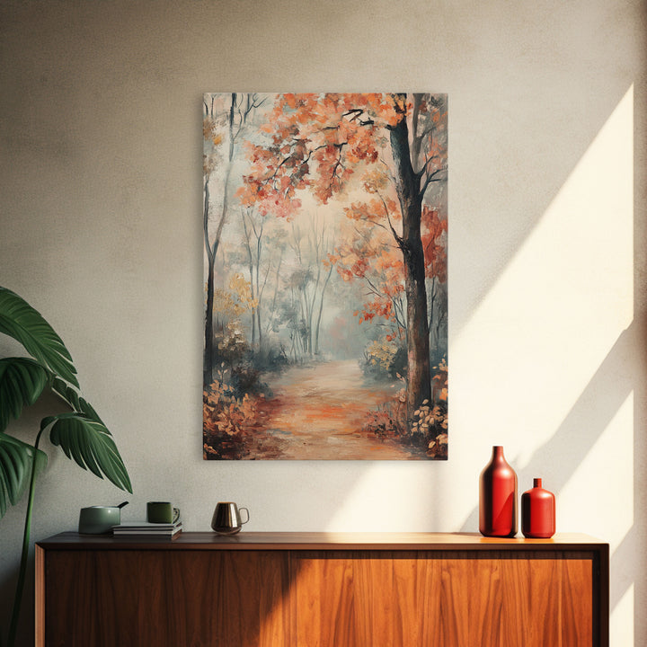 Framed Canvas Print of Foggy Autumn Forest with Red Leaves, Moody Landscape Wall Art, Fall Seasonal Decor, Best Gift Idea, Modern Farmhouse