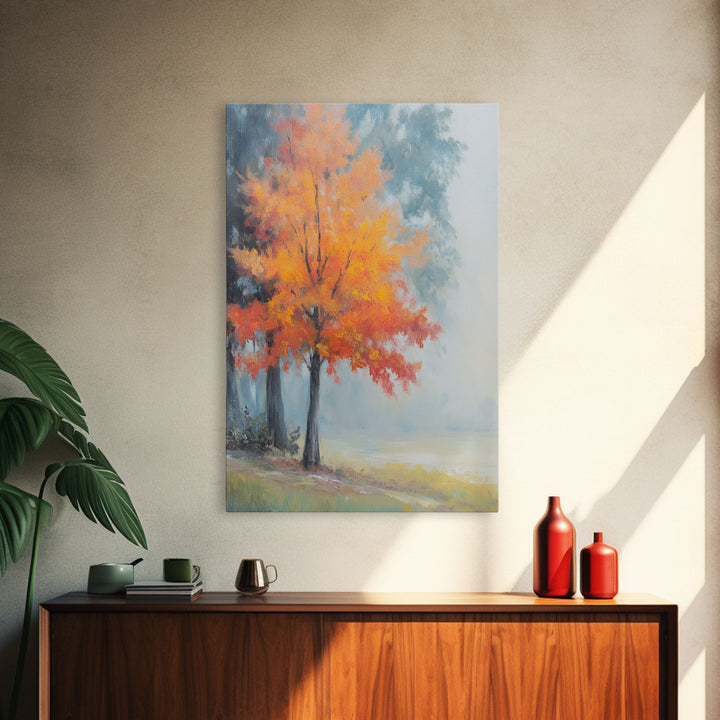 Canvas Print of Vibrant Autumn Tree in Misty Background, Seasonal Wall Art, Fall Decor, Best Gift Idea, Modern Farmhouse Landscape Art