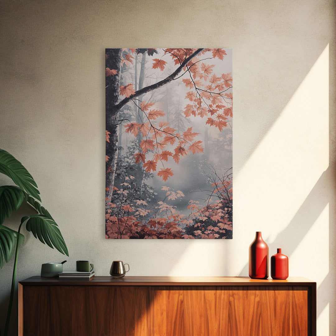 Framed Canvas Print of Fall Leaves on Branches in Misty Forest, Moody Landscape Wall Art, Fall Decor, Gift Idea, Farmhouse Seasonal Art