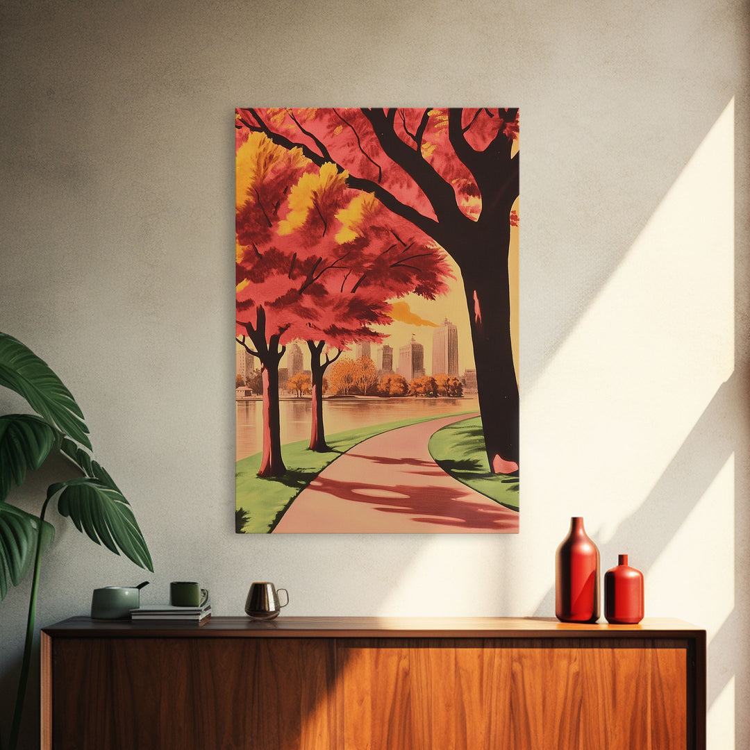 Canvas Print of City Park with Autumn Trees and Path, Seasonal Wall Art, Modern Farmhouse Decor, Best Gift Idea, Fall Cityscape Art